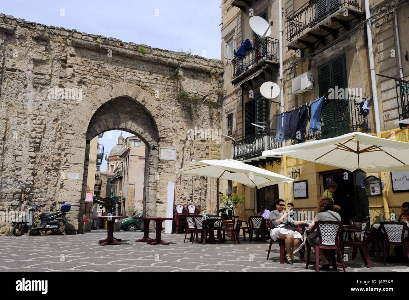 Italy, island Sicily, Palermo, Porta Santa Agata, street cafe, tourist, no model release, Stock Photo