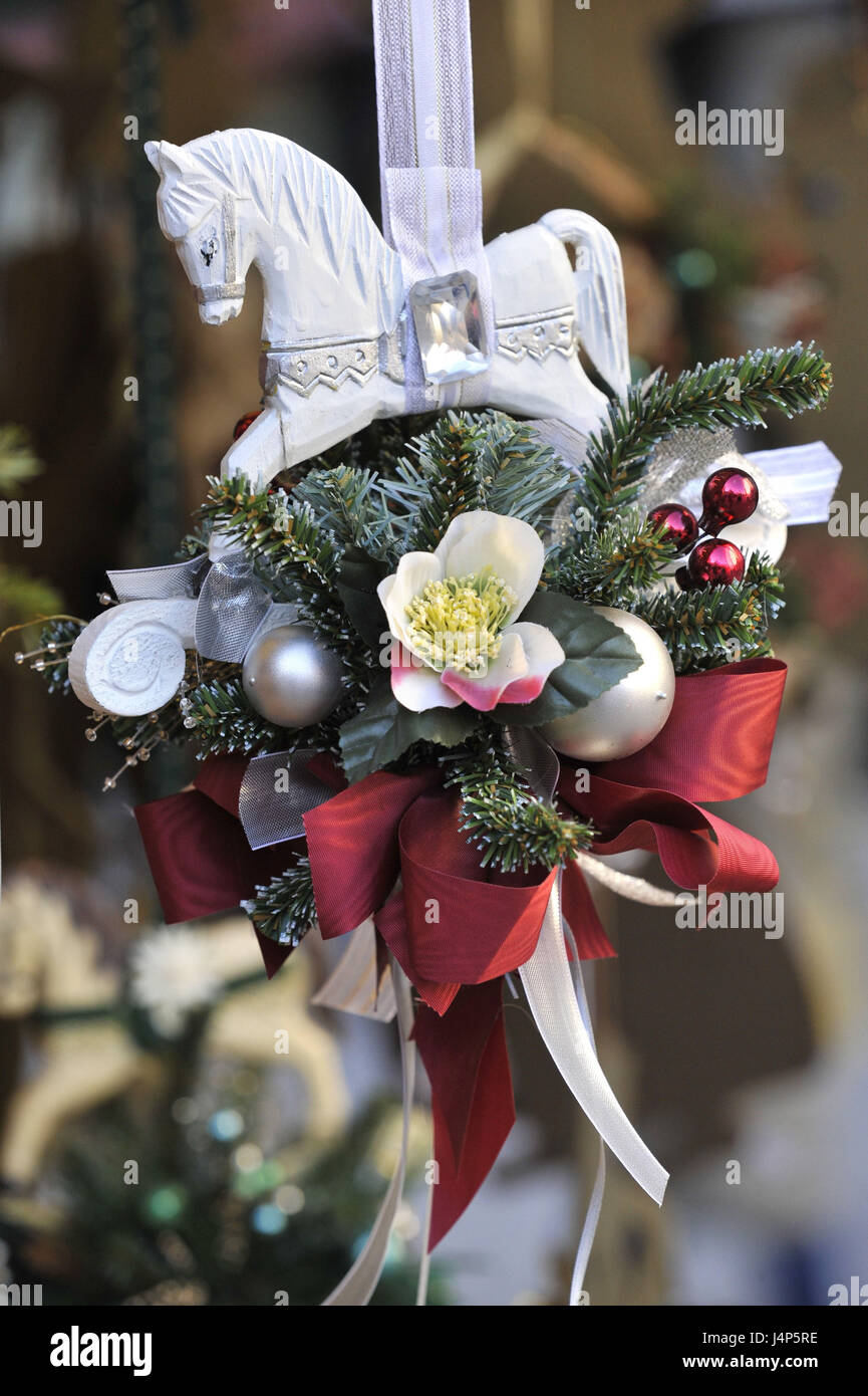 Christmas fair, sales booth, Christmas tree decorations, detail Stock
