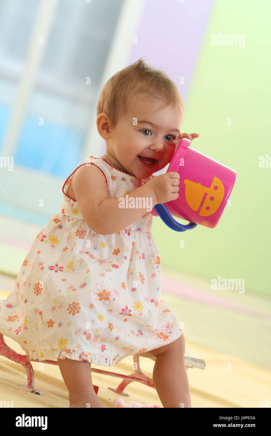 Baby, 9 months, summer, buckets, play, model released, people, child, infant, dresses, dark-haired, discoveries, Indoor, laugh, learn, fashion, girl, sit, toys, little cog, summery, Stock Photo