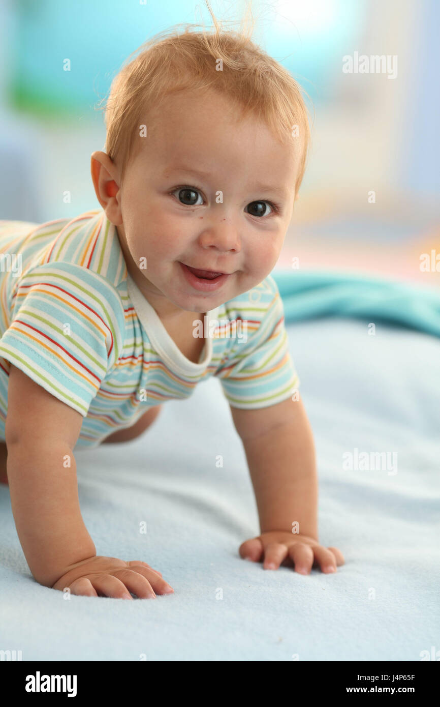 Baby, 5 months, creep, model released, people, child, infant, add support, dresses, touched, Indoor, boy, smile, happily, Stock Photo