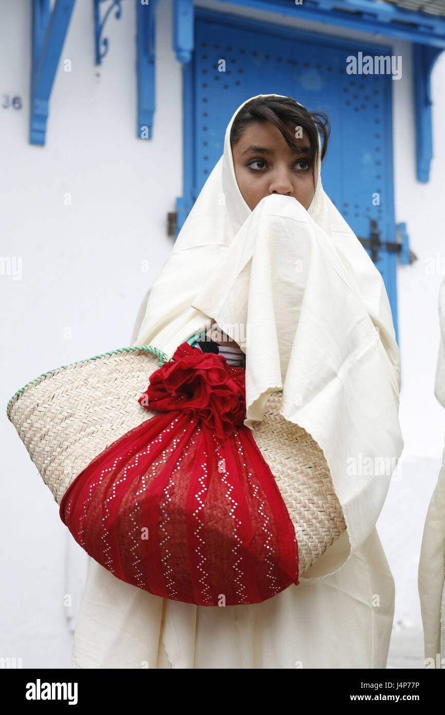 Tunisia, Sidi Bou Said, Old Town, girl, veils, pouch, half portrait, Stock Photo