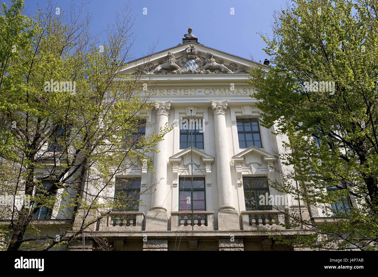 Germany, Bavaria, Munich, Theresien high school, outside, town, Ludwig's suburb, imperial Ludwig's square, building, school, Theresiengymnasium, high school, facade, school education, education, architecture, sky, blue, Stock Photo