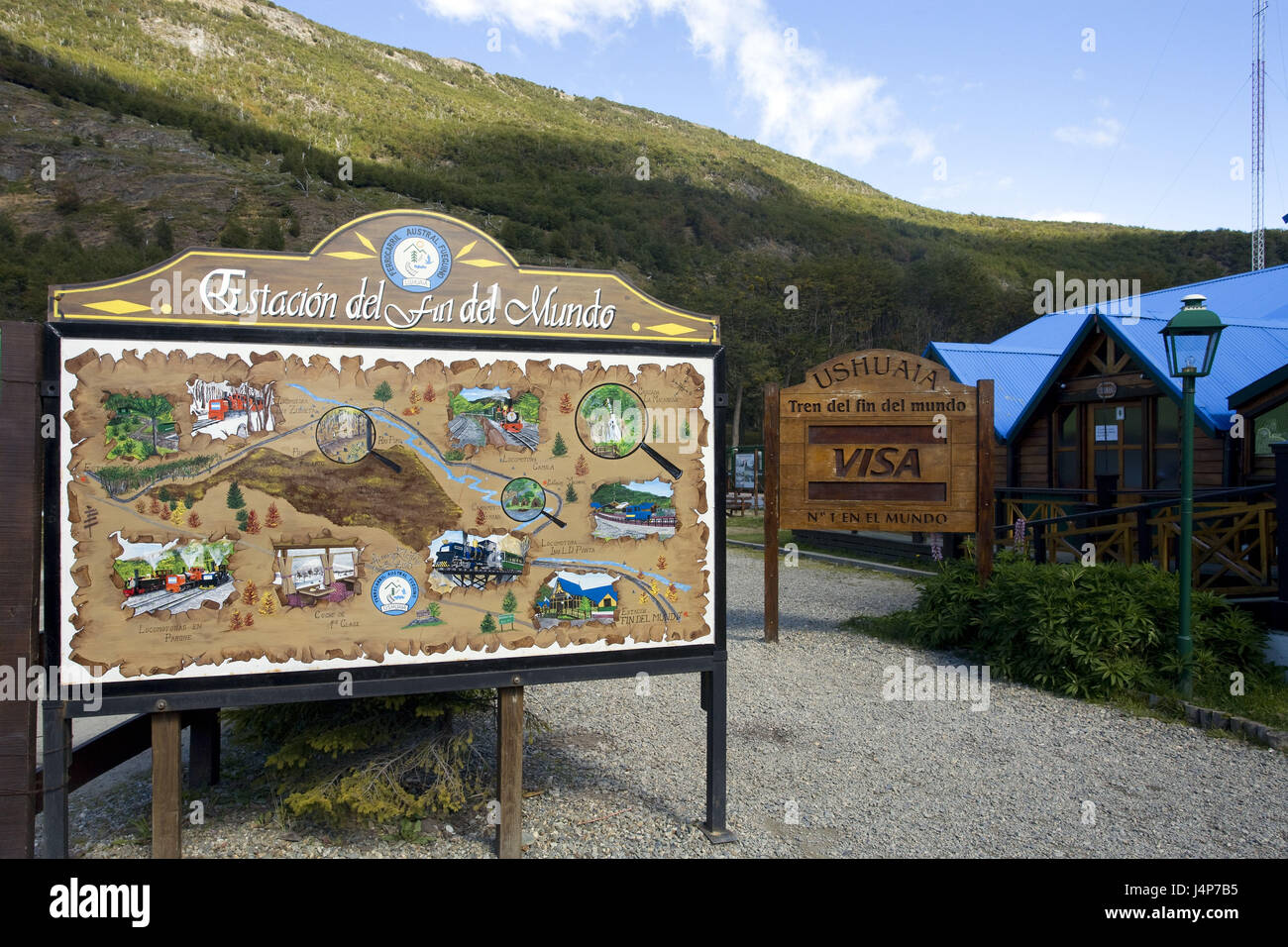 Argentina, Tierra del Fuego, station 'Fin del Mundo', information sign, Stock Photo