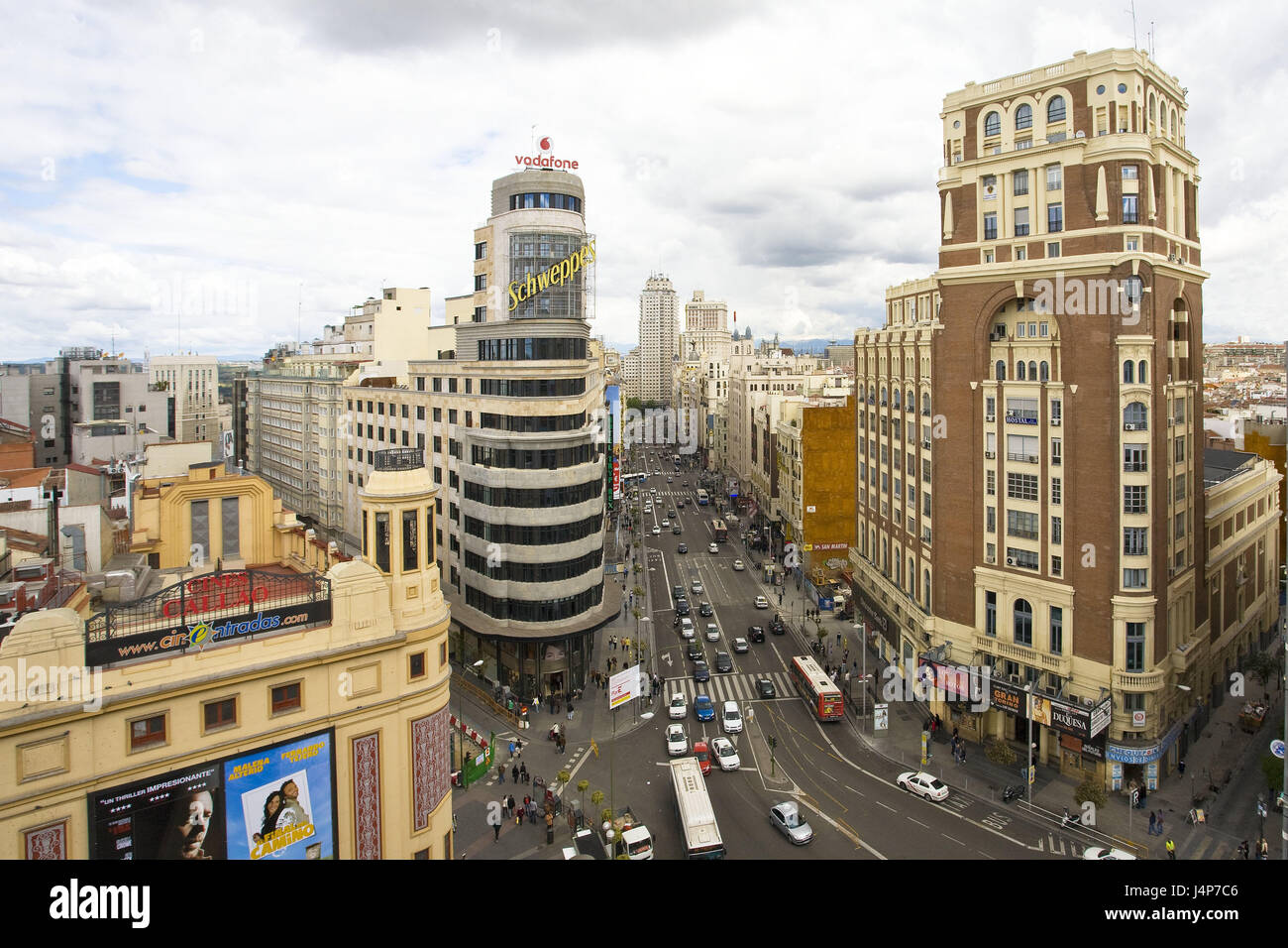 Spain, Madrid, plaza de Callao, grain Via, street scene, building, from above, town, street, high street, shopping street, houses, high rises, advertising signs, street, cars, vehicles, buses, tourism, sky, cloudies, Stock Photo