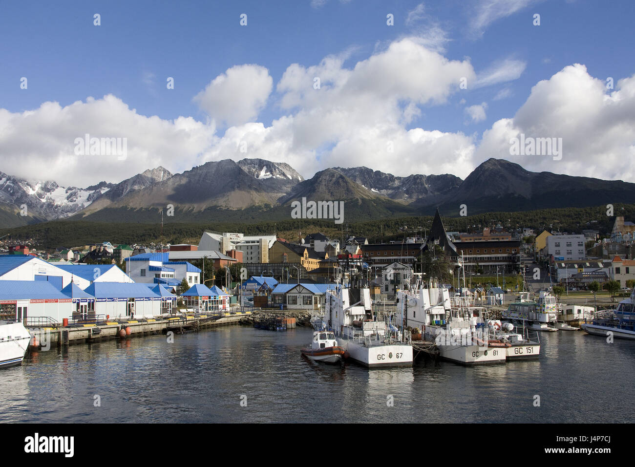 Argentina, Tierra del Fuego, Ushuaia, town view, harbour, Ushuaia Bay, Stock Photo
