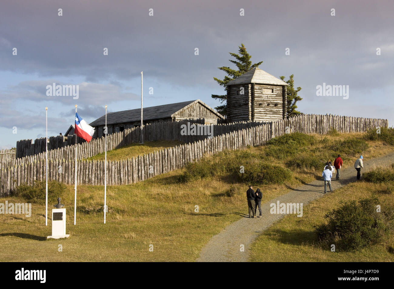 Chile, Patagonia, Punta Arenas, Fuerte Bulnes, timber houses, tourists, Stock Photo