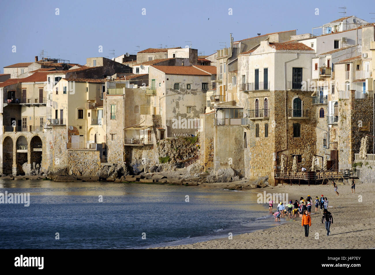 Italy, island Sicily, Cefalu, town view, beach, tourist, no model release, Stock Photo