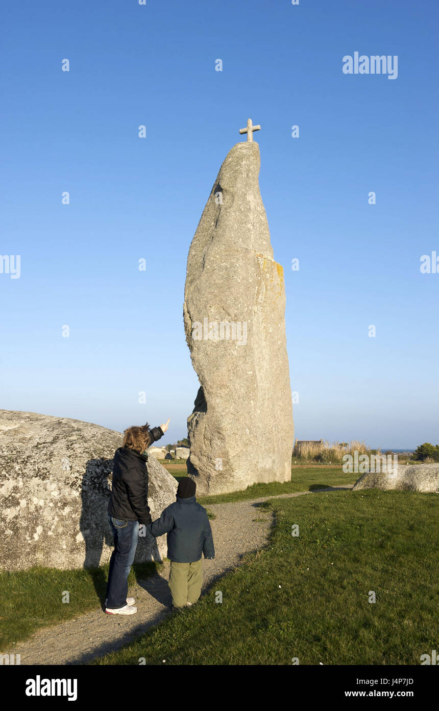 France, Brittany, Brignogan Plages, menhir of Men-Marz, tourists, Stock Photo