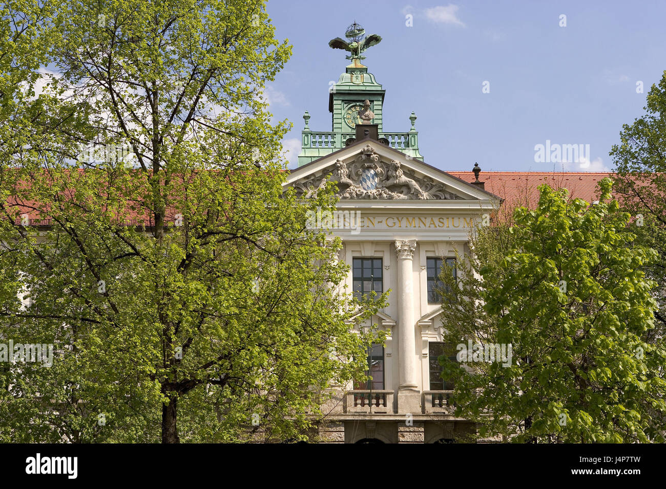 Germany, Bavaria, Munich, Theresien high school, outside, town, Ludwig's suburb, imperial Ludwig's square, building, school, Theresiengymnasium, high school, facade, school education, education, architecture, trees, green, nobody, Stock Photo