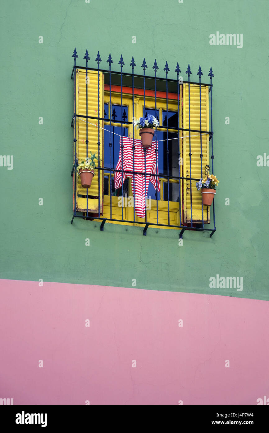 Argentina, Buenos Aires, part of town of La Boca, house facade, window, detail, Stock Photo