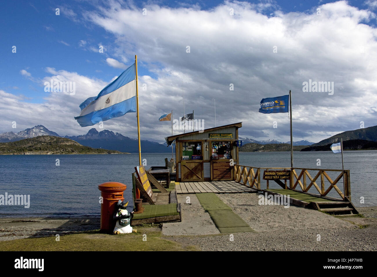 Argentina, Tierra del Fuego, boot investor, flags, Stock Photo