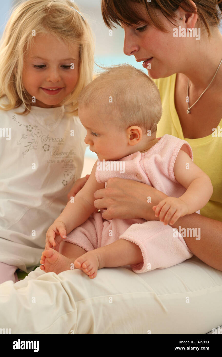 Mother, baby, 6 months, hold, girls, 3 years, stand, concern model released, people, woman, nanny, care, child, infant, dresses, blond, dark-haired, sit, sister, siblings, Stock Photo