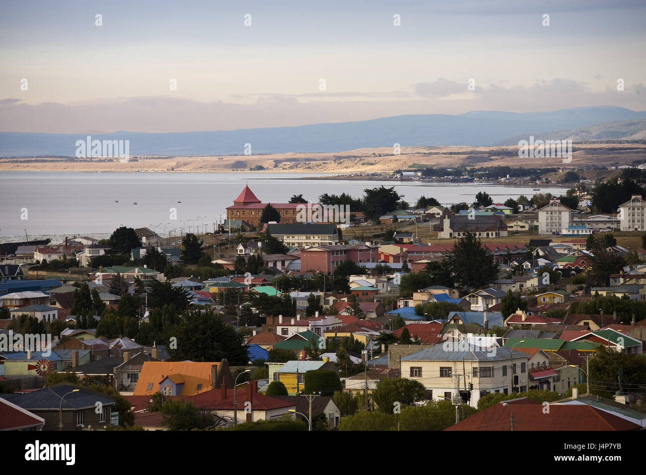 Chile, Patagonia, Punta Arenas, town overview, view, the Strait of Magellan, evening light, Stock Photo