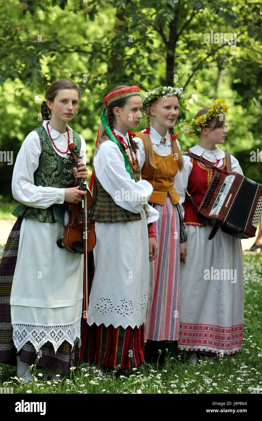 Lithuania, Vilnius, Old Town, folklore feast, girl, music group, Stock Photo