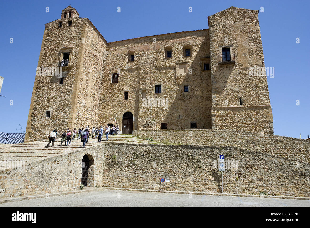 Italy, island Sicily, Castelbuono, Castello dei Ventimiglia, stairs, tourist group, Stock Photo