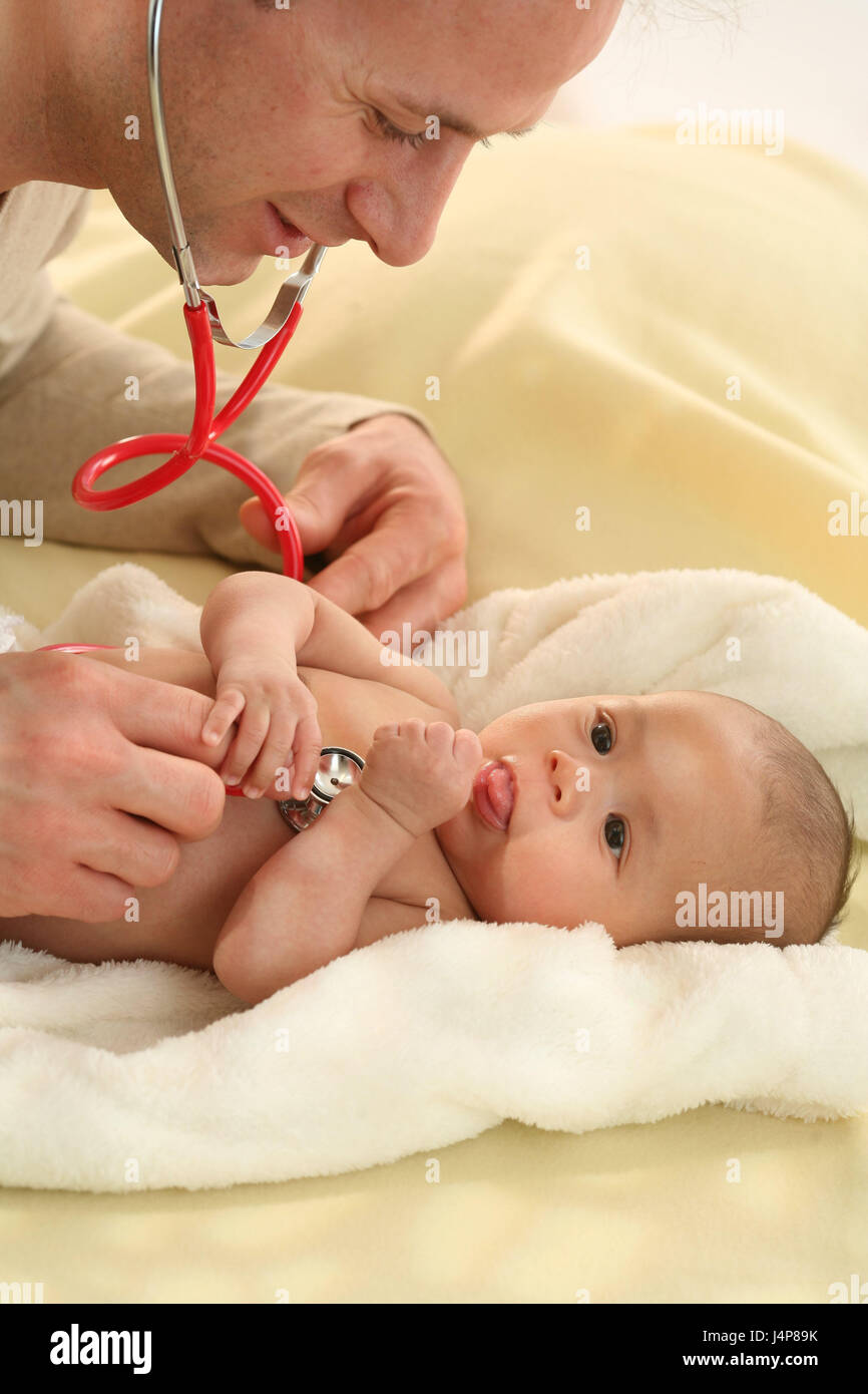 Baby, 2 months, ill, pediatrician, examination, stethoscope, detail, model released, people, man, doctor, child, infant, Stock Photo