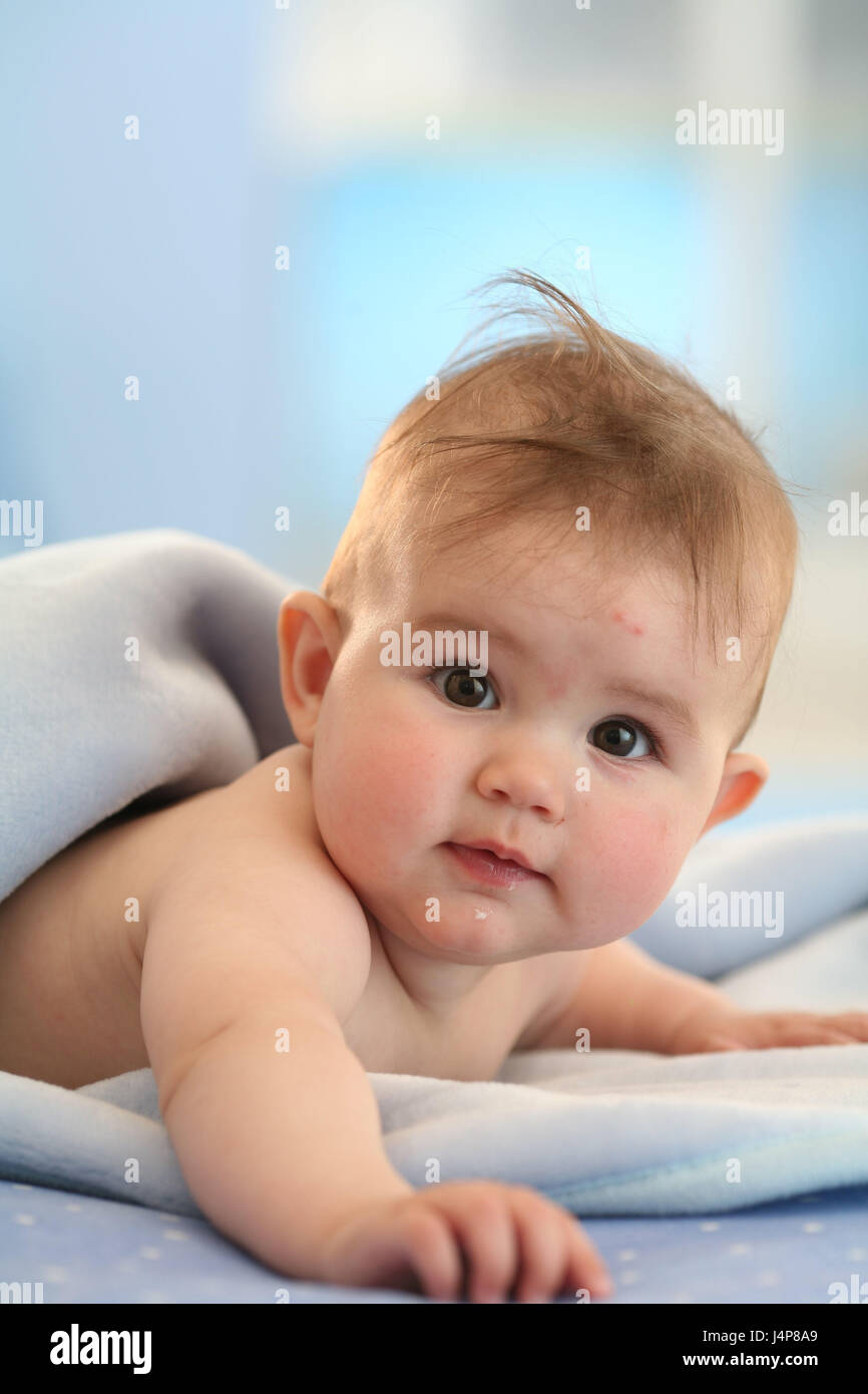 Baby, 6 months, abdominal position, portrait, model released, people, child, infant, baby portrait, child portrait, saucer eyes, child eyes, abdominal position, ceilings, Indoor, lie, girls, sweetly, Stock Photo