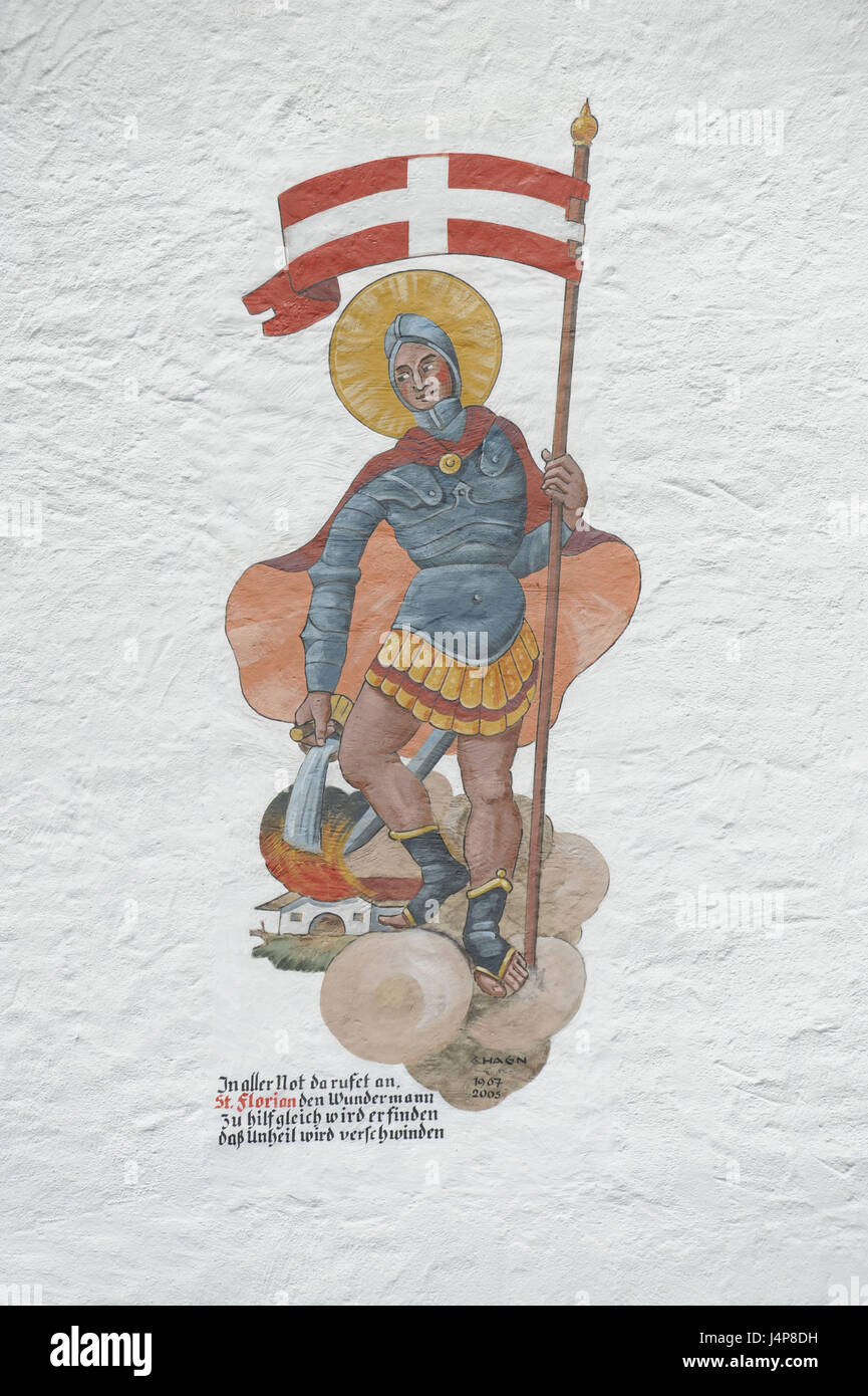 Lüftlmalerei holy piece Florian on a house facade in Kreuth, Stock Photo