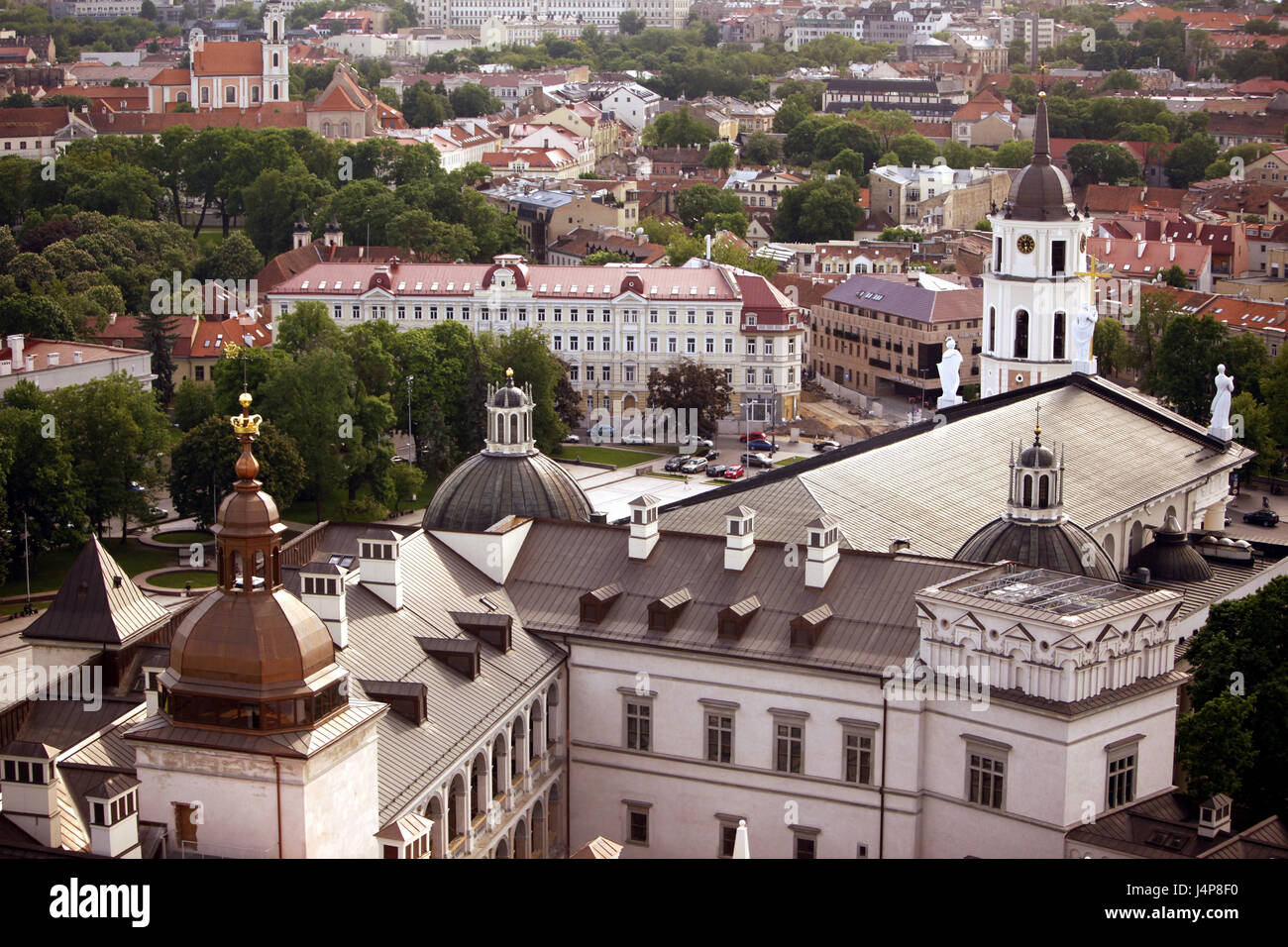 Lithuania, Vilnius, Old Town, cathedral Saint Stanislaus, bell tower, overview, evening light, Stock Photo