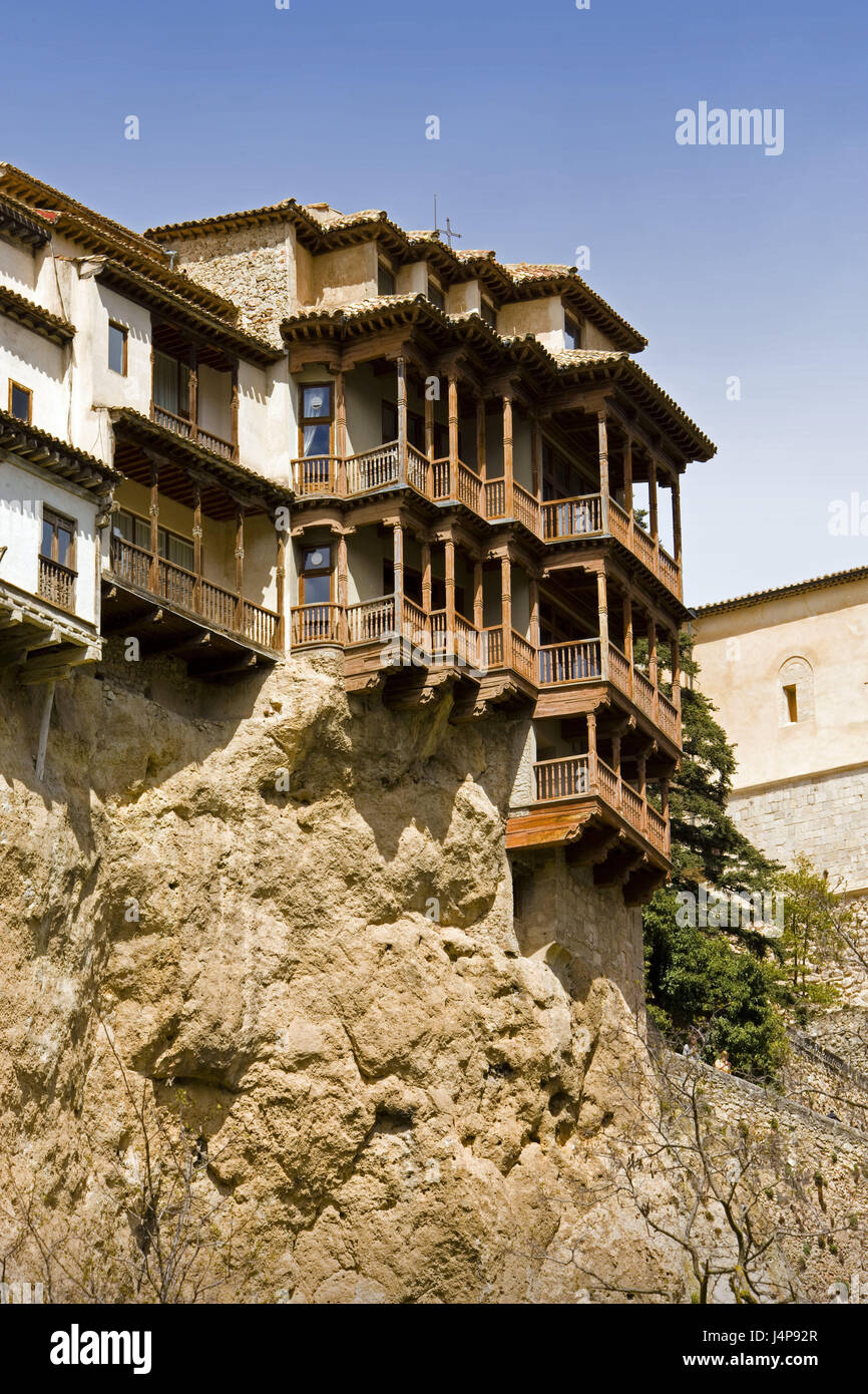 Spain, Kastilien-La Mancha, Cuenca, bile plateau, 'hanging houses', Castile, Old Town, rock, building, houses, residential houses, famous, attraction, place of interest, tourism, sky, blue, nobody, UNESCO-world cultural heritage, Stock Photo