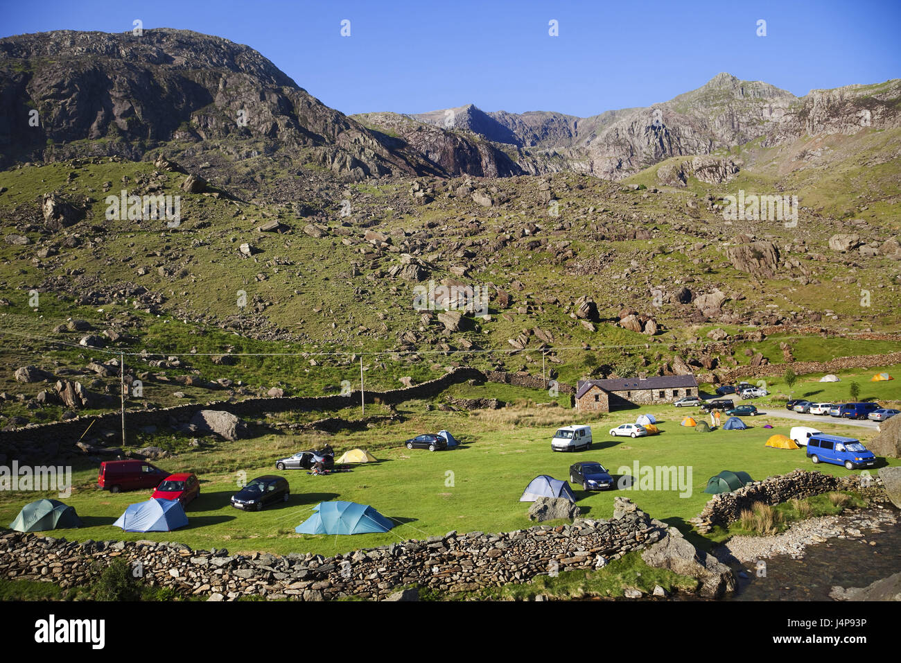 Wales, Gwynedd, Snowdonia national park, camping site, mountains, Stock Photo