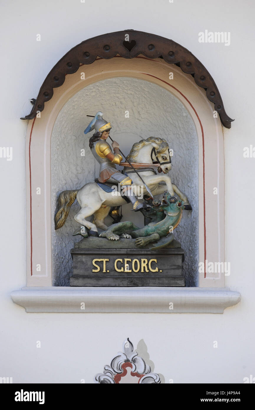 Sculpture, St. Georg kills the dragon, house facade, Garmisch-Partenkirchen, Germany, Stock Photo