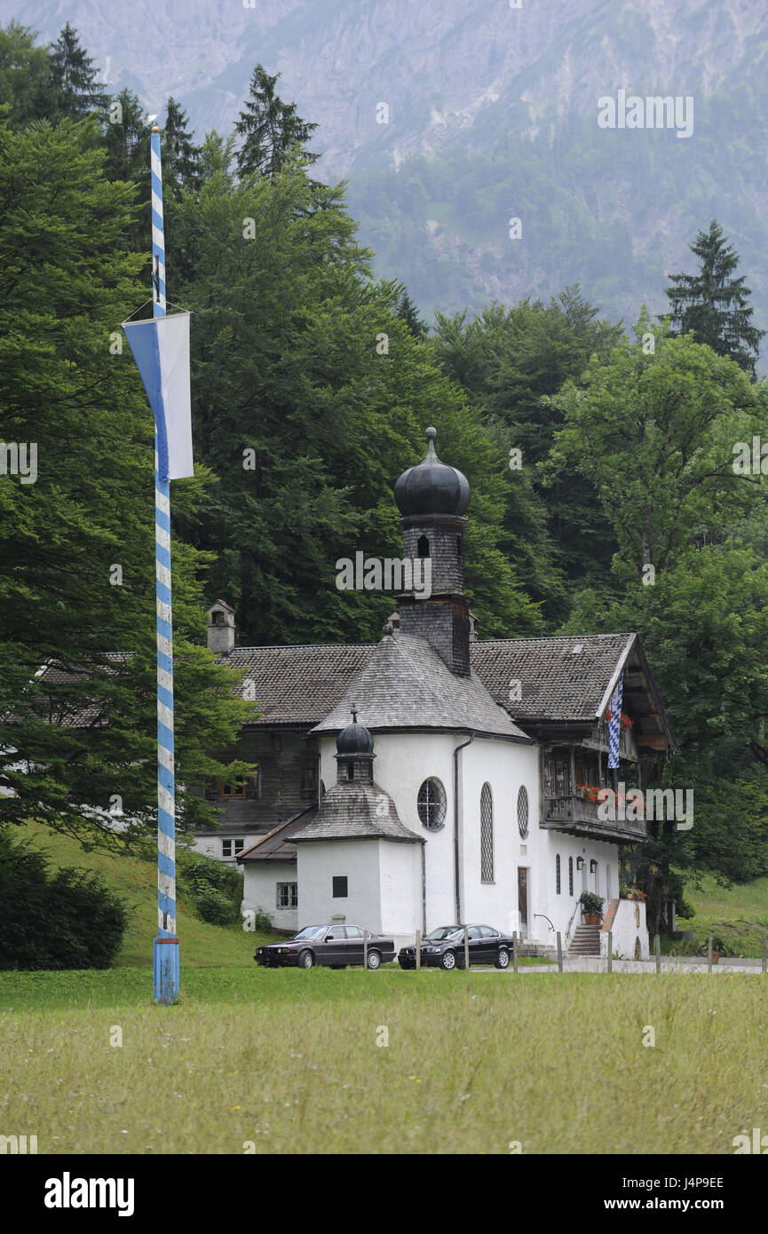 Church, residential house, Upper Bavaria, Kreuth, Germany Stock Photo