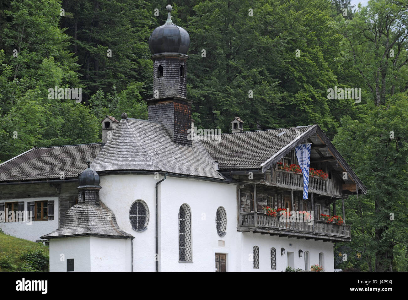 Church, residential house, Upper Bavaria, Kreuth, Germany Stock Photo