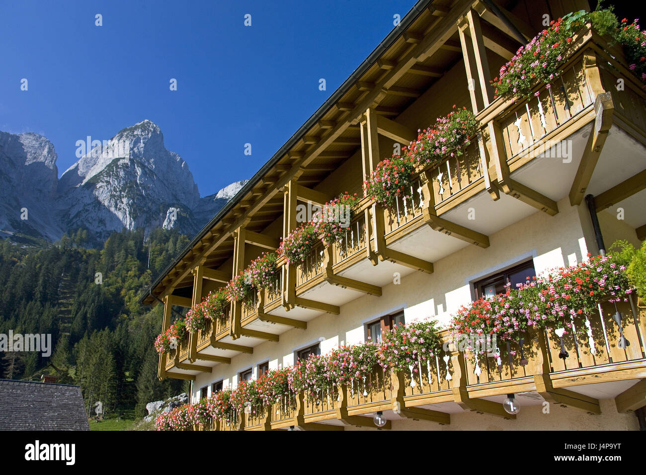 Austria, Gosau, house, detail, balconies, floral decoration, Stock Photo