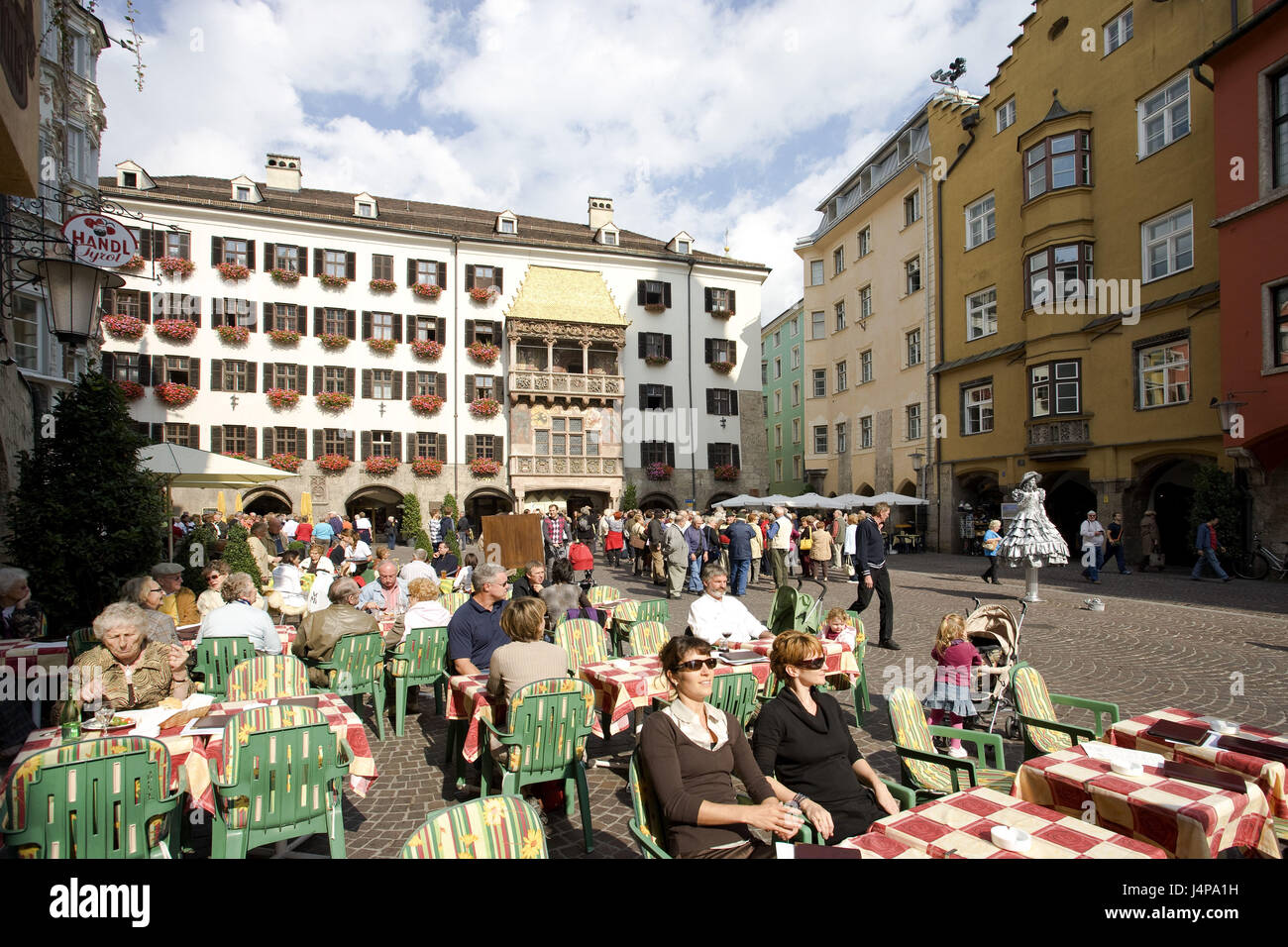 Austria, Tyrol, Innsbruck, Herzog's Friedrich's street, cafe, guests, no model release, Stock Photo