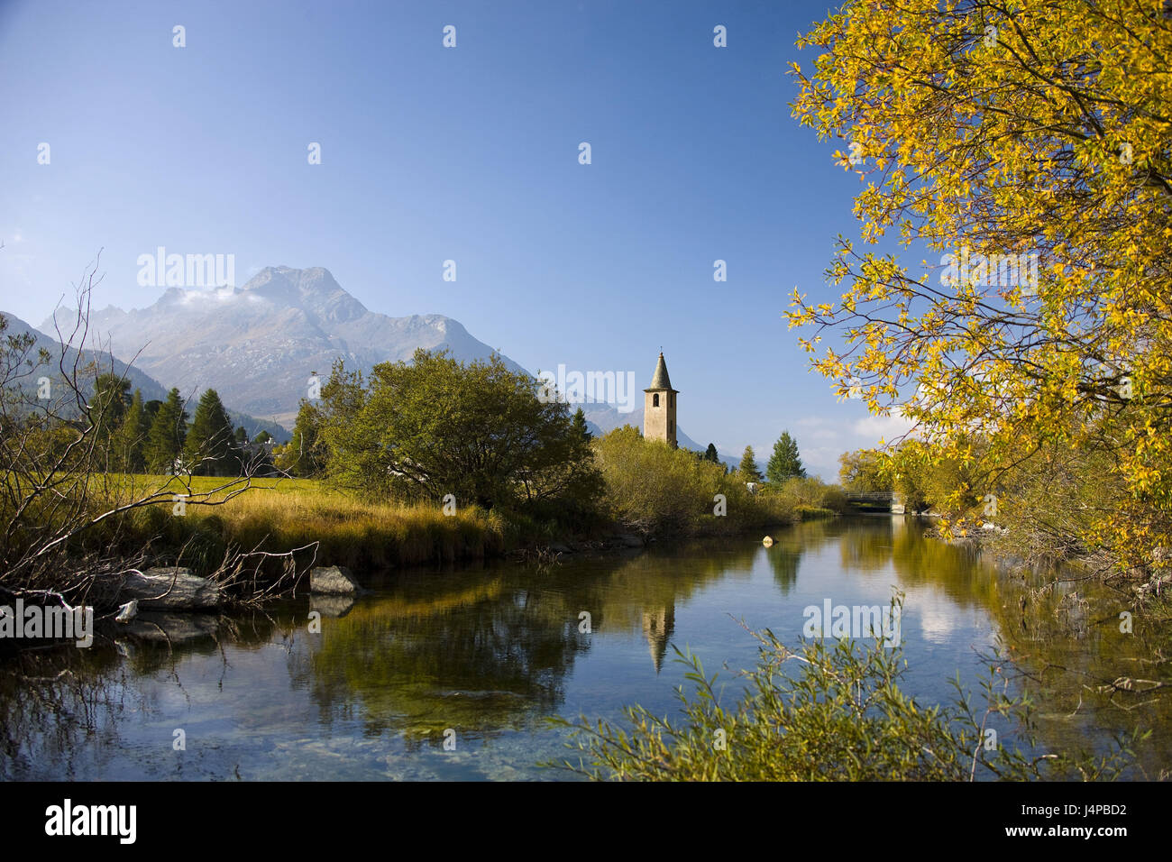 Switzerland, Sils, steeple, river, scenery, Stock Photo