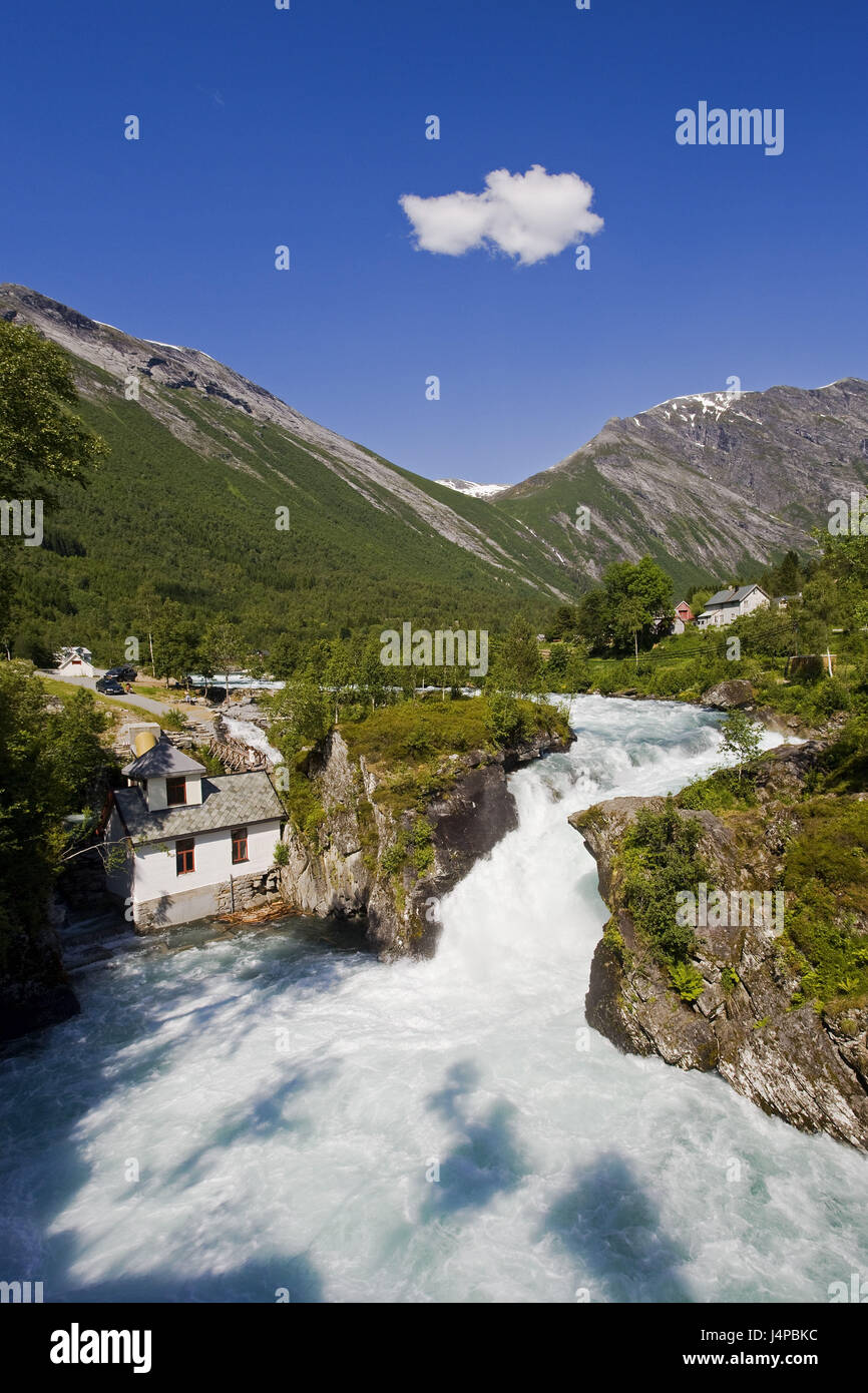 Norway, More og Romsdal, waterfall, house, Stock Photo
