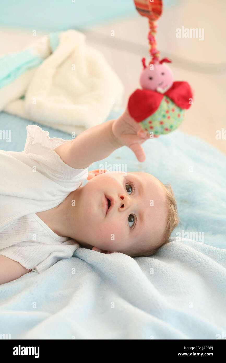 Baby, boy, bed, lie, play, Stock Photo