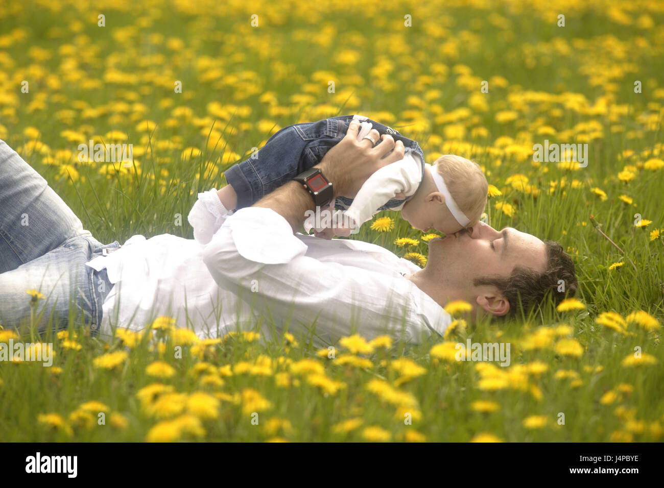 Father With Baby Girl Spring Meadow Model Released Stock Photo Alamy