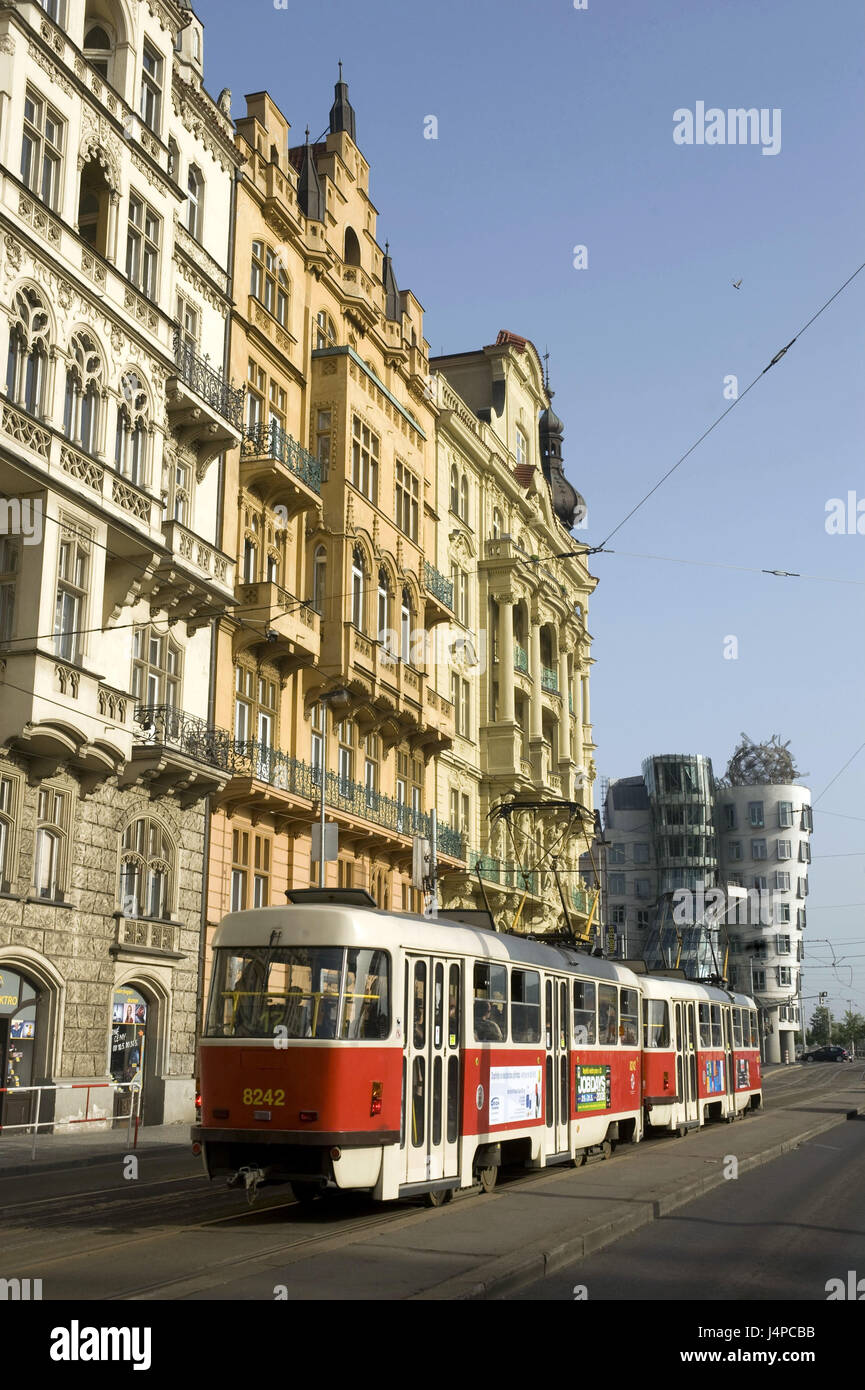Czech Republic, Czechia, Prague, streetcar, 'dancing house, Stock Photo
