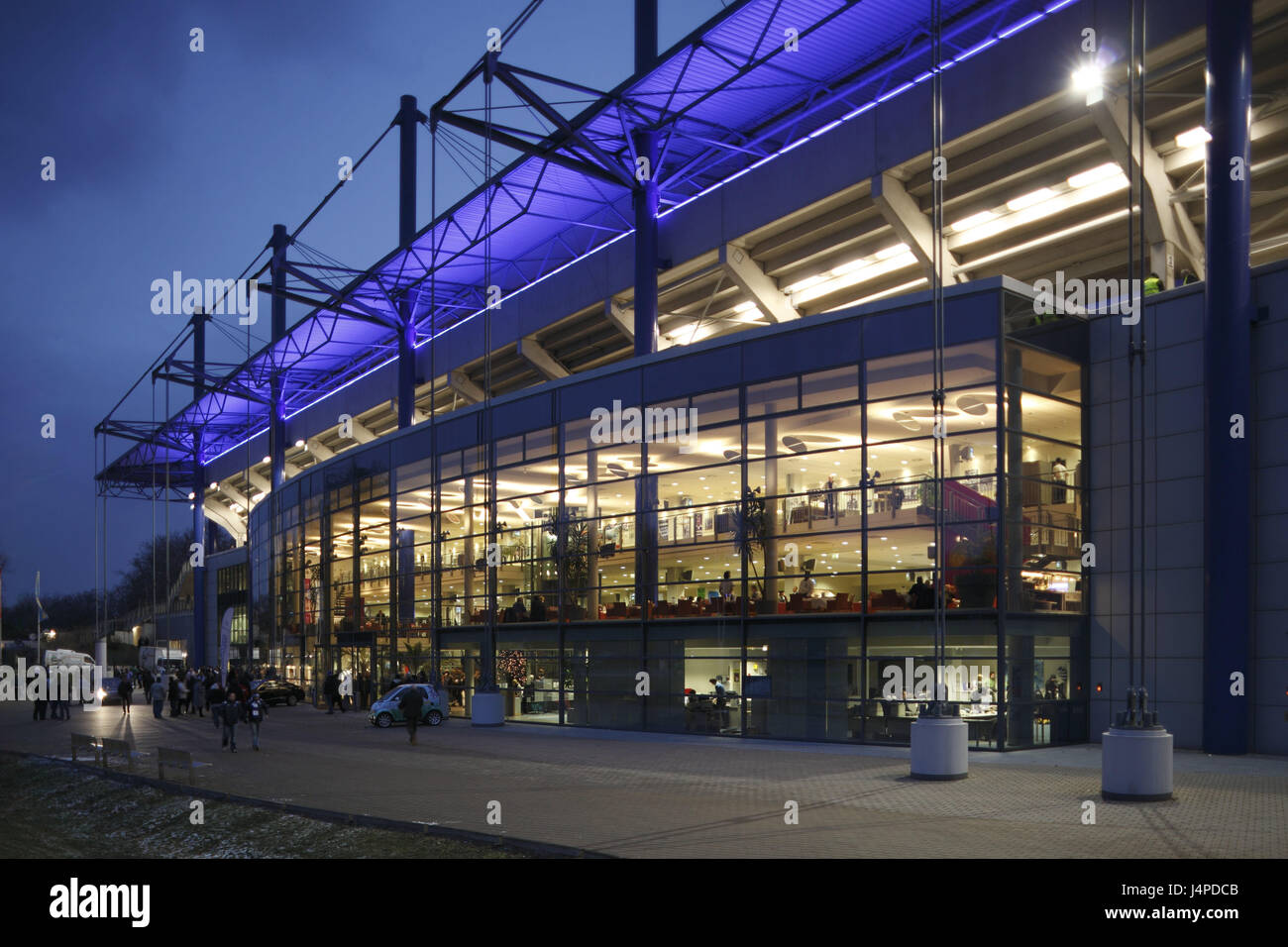Germany, North Rhine-Westphalia, Duisburg, football stadium, evening, lighting, dysentery area, the Lower Rhine, Duisburg-Wedau, MSV arena, football arena, sport, football, stand, stadium forecourt, outside, main entrance, football fans, people, leisure time, dusk, arena, national league, place of interest, Stock Photo