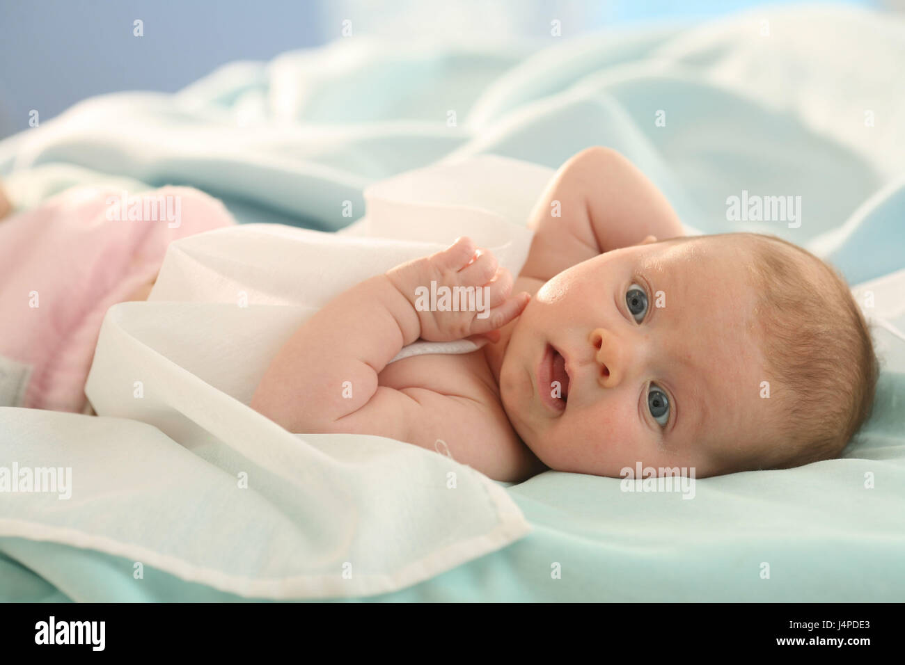 Baby, there lie girls, bed, Stock Photo