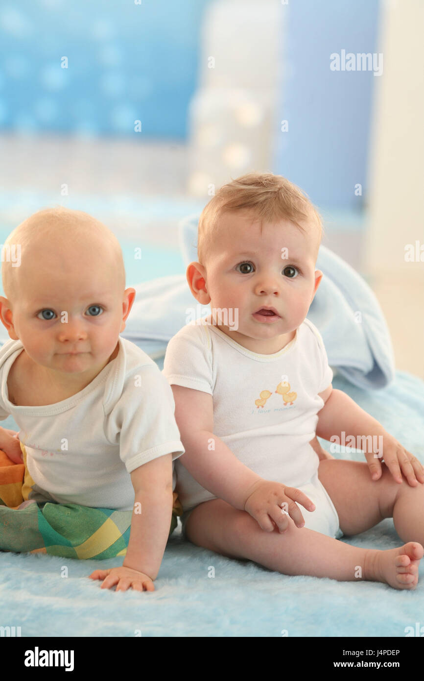 Infants, boy, girl, ceiling, sit, Stock Photo