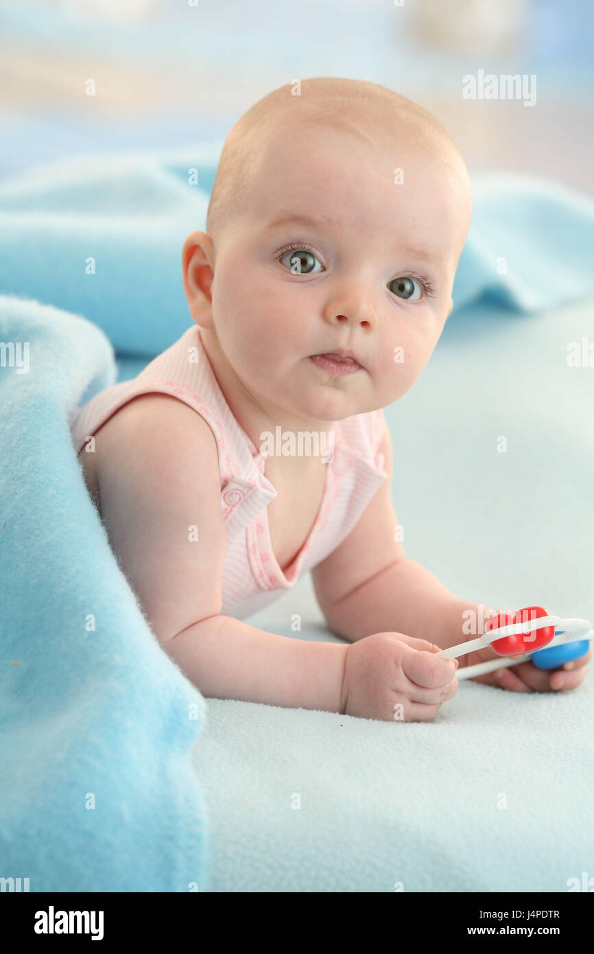 Baby, girl, bed, lie, play, Stock Photo