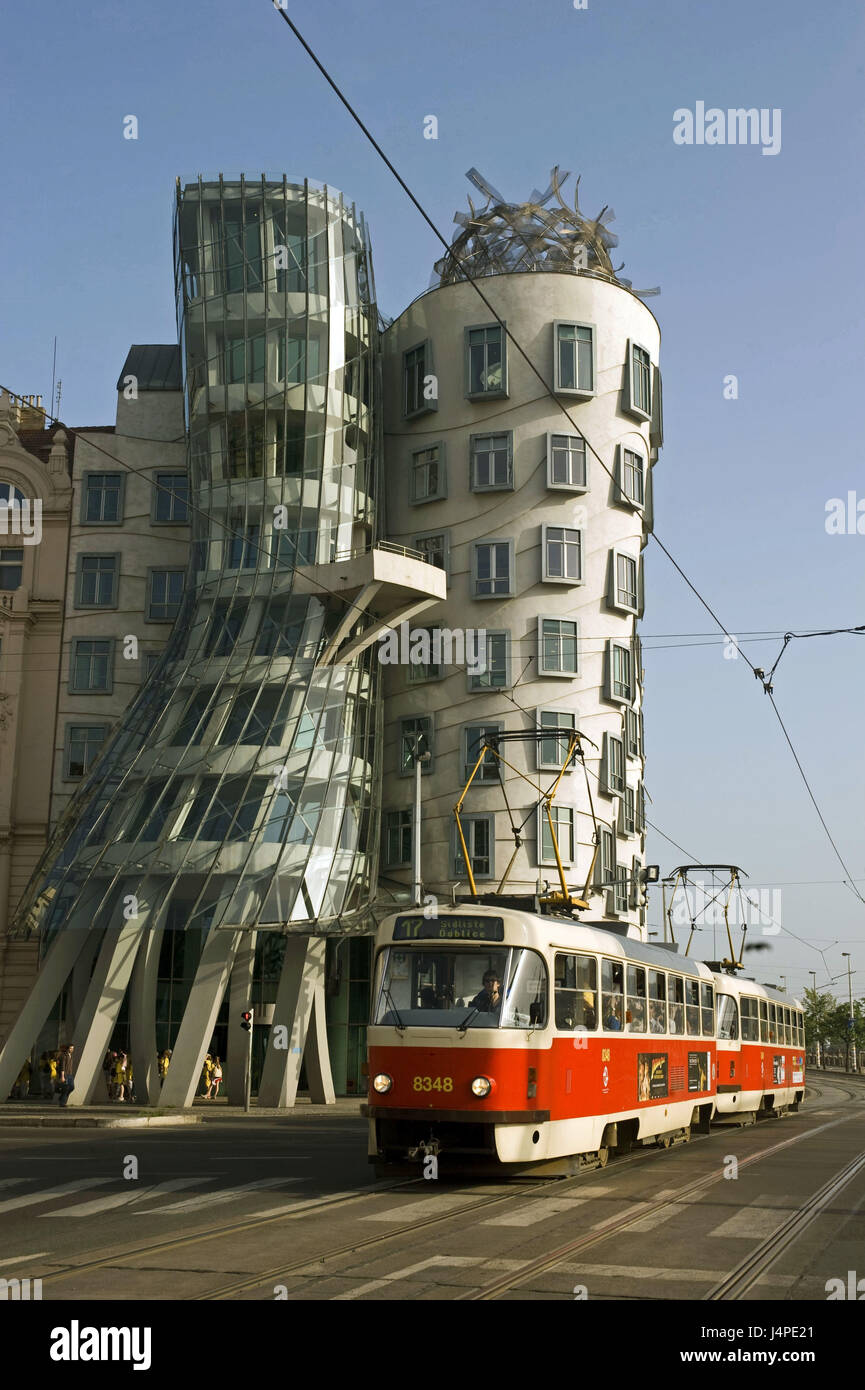 Czech Republic, Czechia, Prague, streetcar, 'dancing house, Stock Photo
