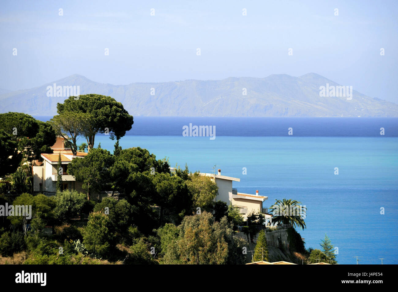 Italy, Sicily, coast, trees, houses, Ionian sea, Stock Photo