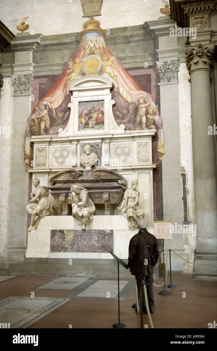 Italy, Tuscany, Florence, Santa Croce Basilika, Michelangelo tomb, Vasari, visitor, no model release, Stock Photo