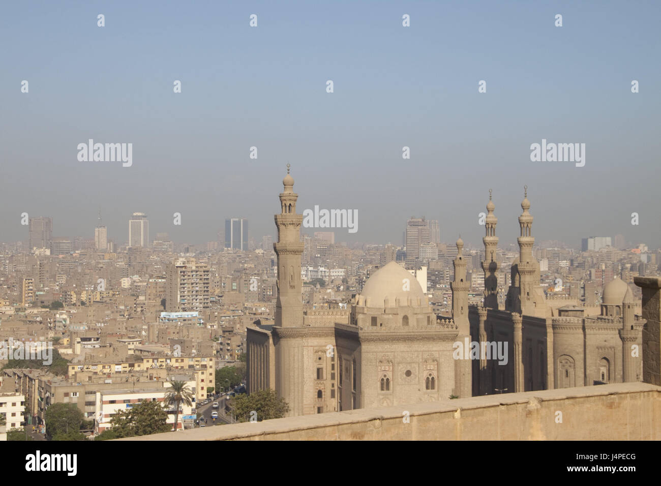 Egypt, Cairo, mosque, town overview, town, building, dome, minarets, faith, religion, Islam, houses, high rises, flats, heavens, grey, Stock Photo