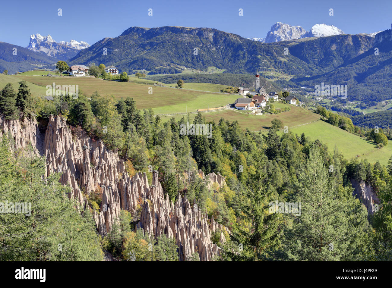 Italy, South Tirol, to rides, earth pyramids, Geislergruppe, Langkofel, Plattkofel, middle mountain, Stock Photo