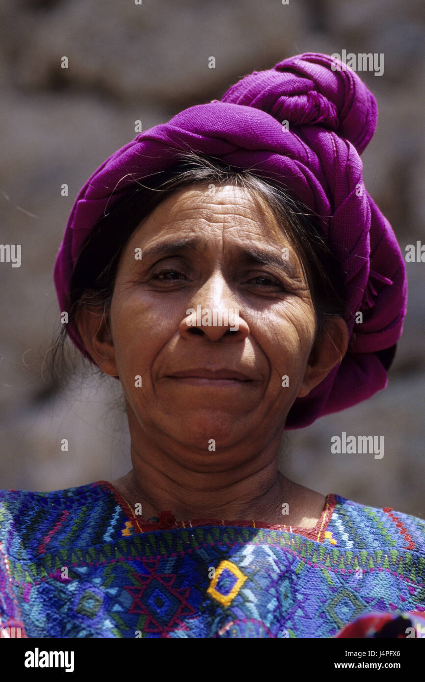 Guatemala, Atitlan lake, woman, headgear, portrait, Stock Photo