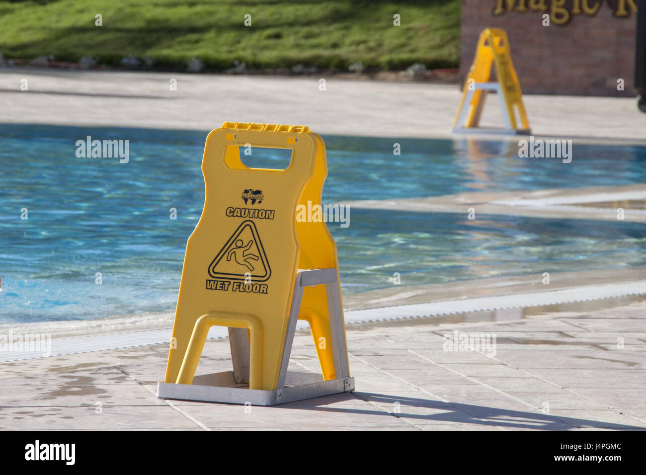 Swimming pools, danger signs, slide danger, water, pool, signs, warning, tip, slip, swim cooling, vacation, Ausrutschgefahr, wet, Stock Photo