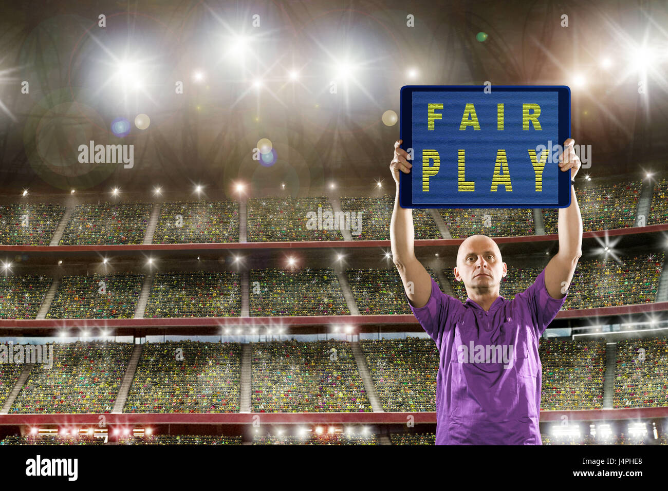 Referees, indicator panel, hold, half portrait, football stadium, stands, spectators, Stock Photo