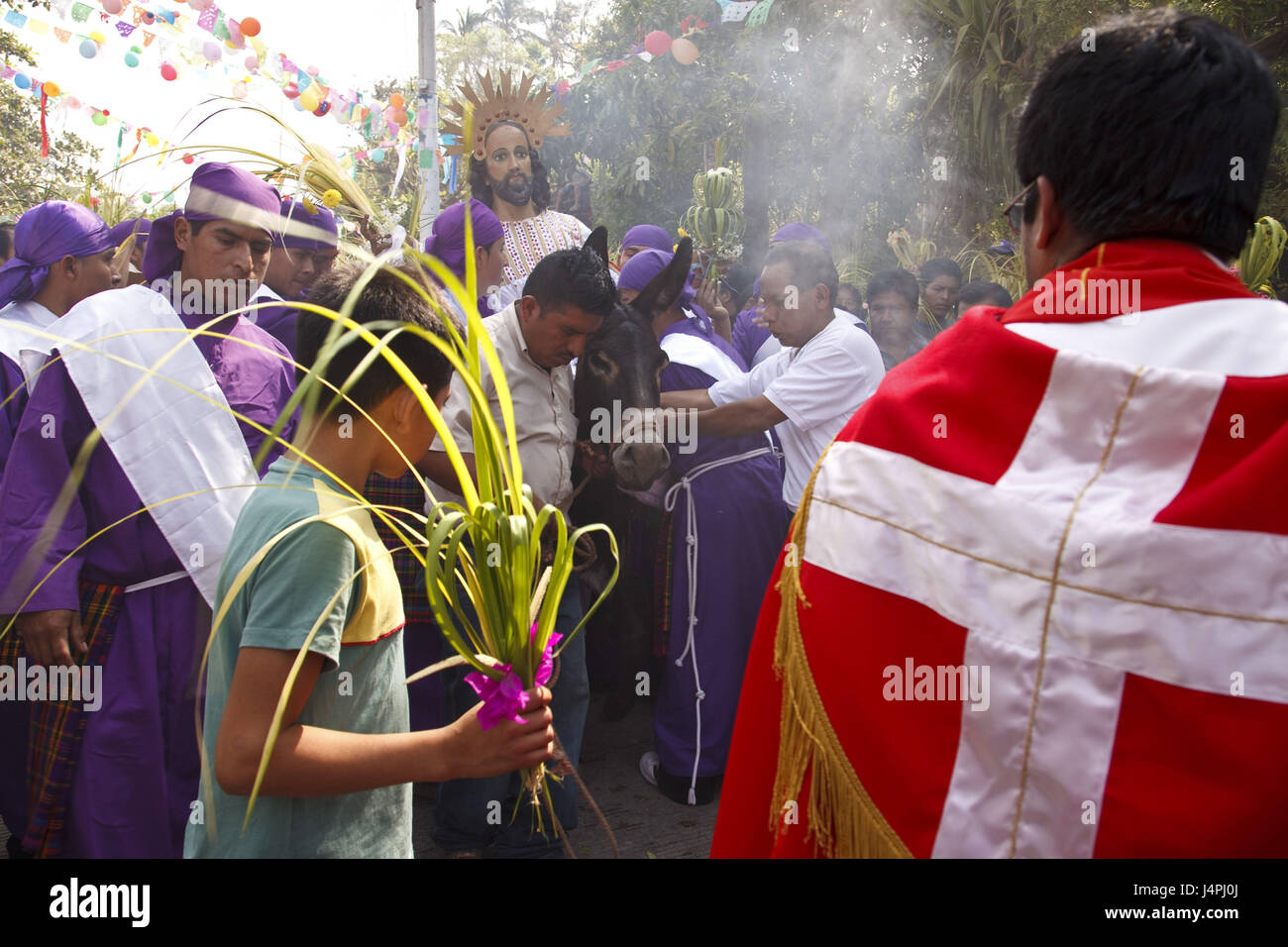 El Salvador, Panchimalco, Palm Sunday, procession, believers, donkeys, Stock Photo