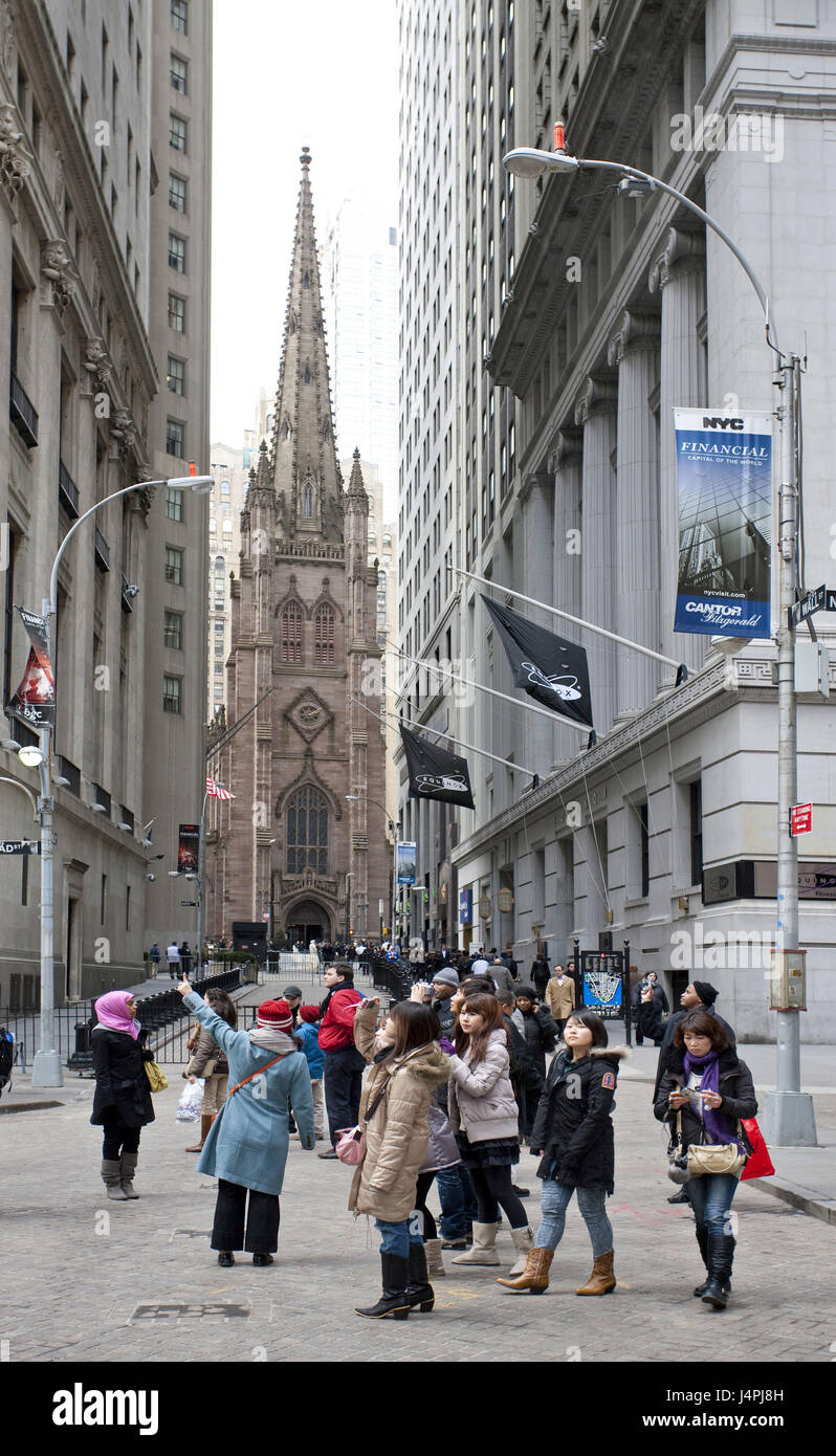 The USA, New York city, Wall Street, Trinity Church, tourist, Stock Photo
