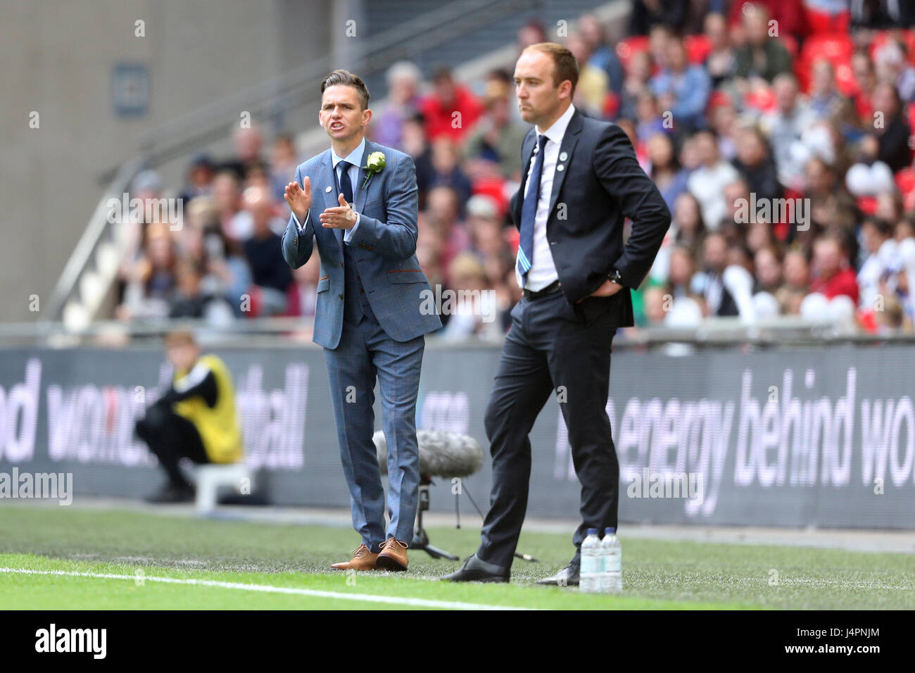 Birmingham City Ladies manager Marc Skinner (left) and Manchester City Ladies manager Nick Cushing on the touchline during the SSE Women's FA Cup Final at Wembley Stadium, London. Stock Photo